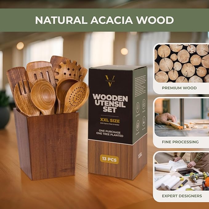 XXL Wooden Utensil Set – 13 Piece Acacia Wood Cooking Tools with Square Holder for Nonstick Cookware with Holder & Spoon Rest – Wooden Spoons for Cooking, Spatula, Spurtle