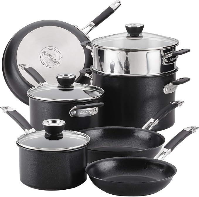 Anolon SmartStack Hard-Anodized Nesting Pots and Pans Set/Cookware Set, 10-Piece, Black