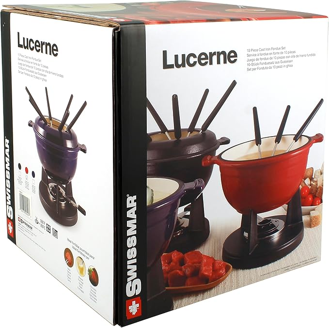 Swissmar Lucerne 10-Piece Cast Iron Fondue Set - Ideal for Melting Cheese, Chocolate, & More - Perfect for Kitchen Collection & Wedding Gift Giving - 2 Liter / 2 Quart - Red