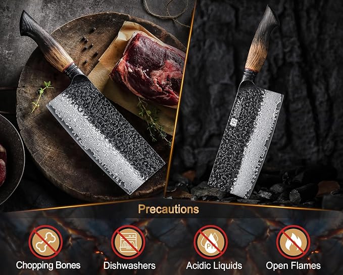 XINZUO 7.3 Inch Vegetable Cleaver Knife,10Cr15Comov Steel Core Forged Damascus Steel,Sharp Slicing Knife For Home Kitchen And Restaurant,Ergonomic White Oak + Red G10 Gasket Handle