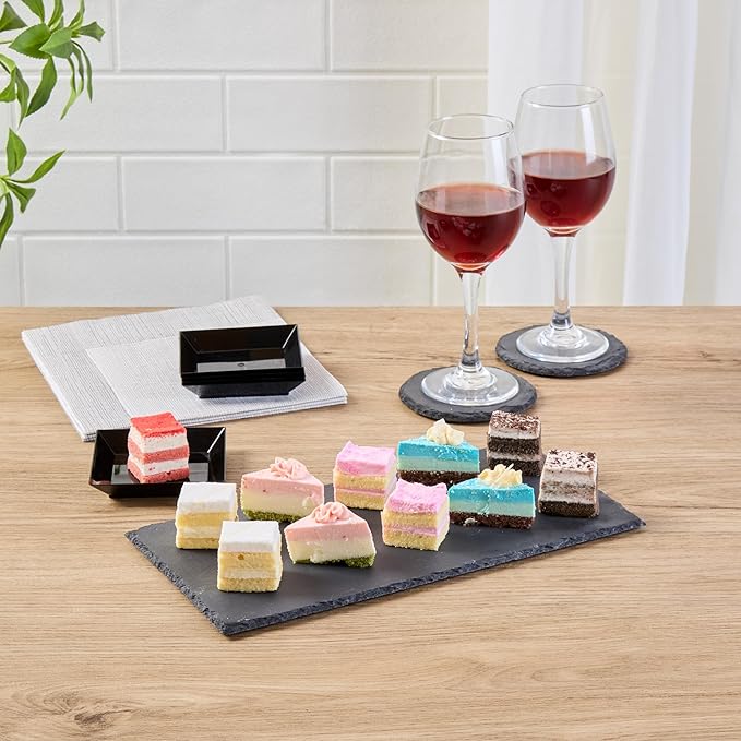 Restaurantware Slate Serving Trays 4 Pack of 11.8" x 6" Foam Feet Charcuterie Stone Plates Rustic Edges Freezable Black Serving Display Cheese Boards for Kitchen, Gourmet, Dining, Parties