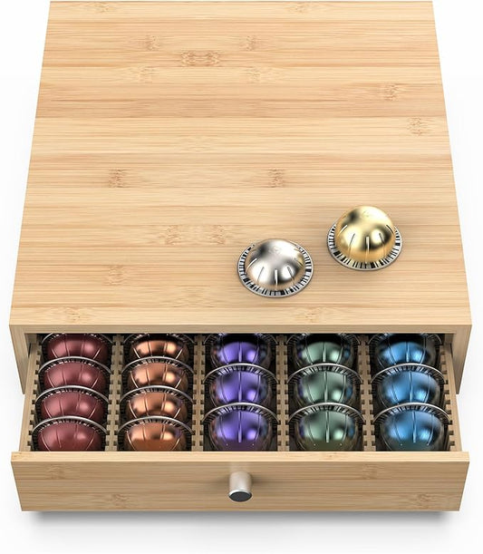 for Nespresso Vertuo Capsules (NV145) - Premium Bamboo Coffee Pod Drawer, 45 Big or 60 Small Vertuoline Pods Organizer - 13.25"Wx14"Dx3.9"H (Natural)