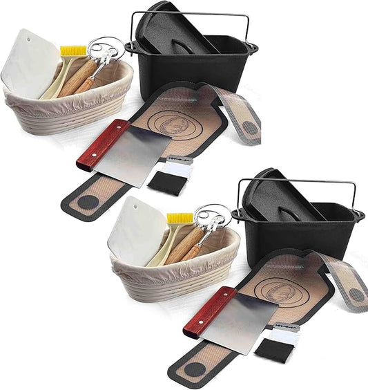 Voulosimi Cast Iron Loaf Oven Pan - 4.33"x4.92"x8.66" Durable Loaf Pans Rectangular Baking Pan with Banneton Bread Proofing Basket set for home baking (Bread Pan with Basket Kit, 2 x 2 QT)