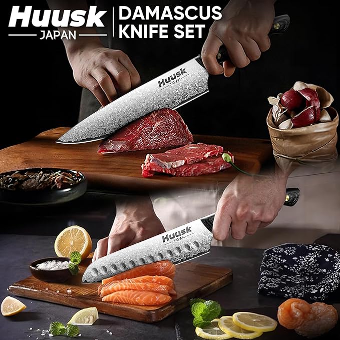 Huusk Damascus Chef Knife Set 3 PCS,VG10 Santoku Knives set,Damascus Kitchen Utility Knives set with Ebony Handle, Damascus Paring Knives Set for Meat Vegetable Fruit, Dad Mom Gift