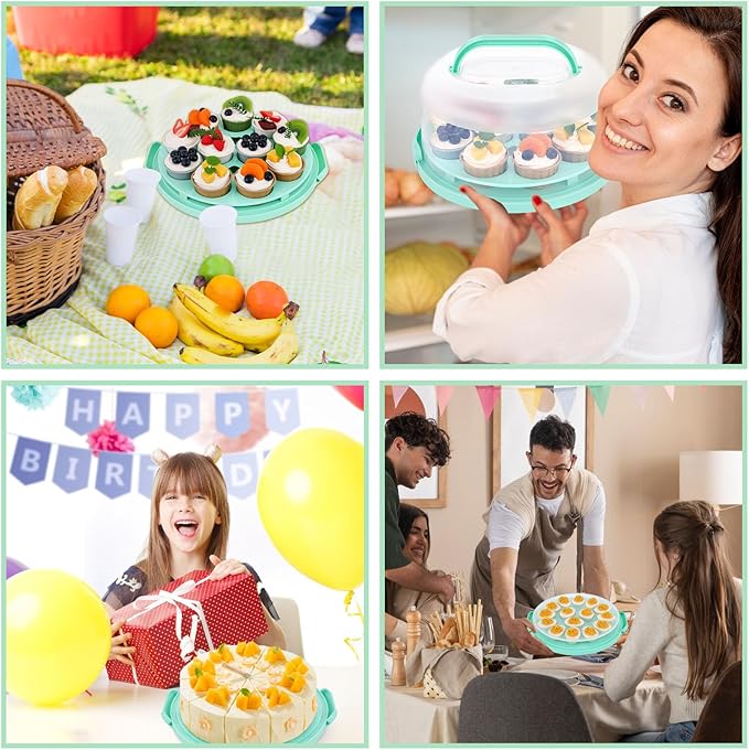 HANSGO Cake Carrier with Lid and Handle, Cupcake Carrier Cake Plate with Dome, 3-in-1 Multi-Purpose Food Storage for Dessert Baking Party Camping