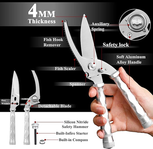 WILDMOK Heavy Duty Poultry Shears - 8.5 Inch Multi-function Stainless Steel Poultry Outdoor Shears, Ultra Sharp Kitchen Scissors for Outdoor Camp, White