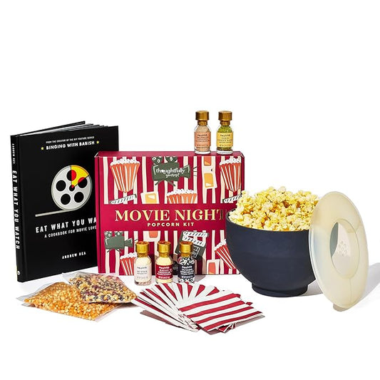 Thoughtfully, Movie Night Popcorn Gift Set with Seasonings, Toppings & Popper – Includes Eat What You Watch Cookbook, Popcorn Kernels, Microwave Popper, Paper Bags