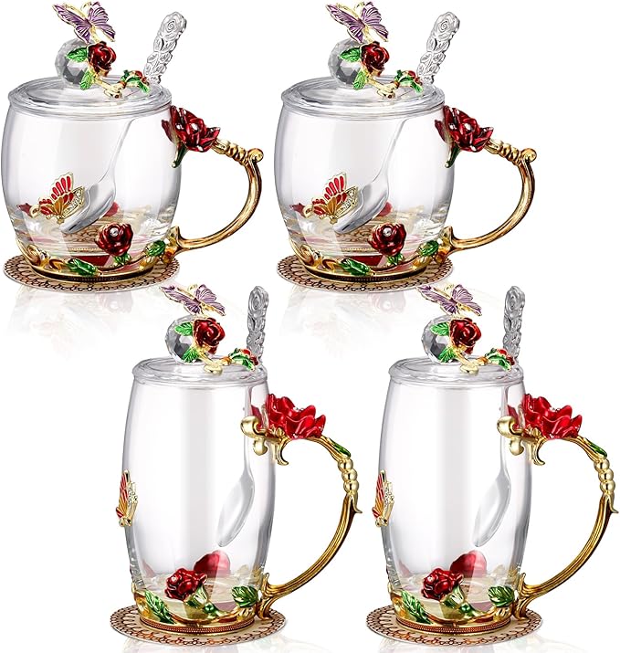 Nuanchu 4 Sets Flower Glass Tea Cups with Lids and Spoon Butterfly Vintage Glass Coffee Mugs Floral Fancy Clear Teacup for Christmas Women Mom Wife Girlfriend(Red,11 Oz,12 oz)