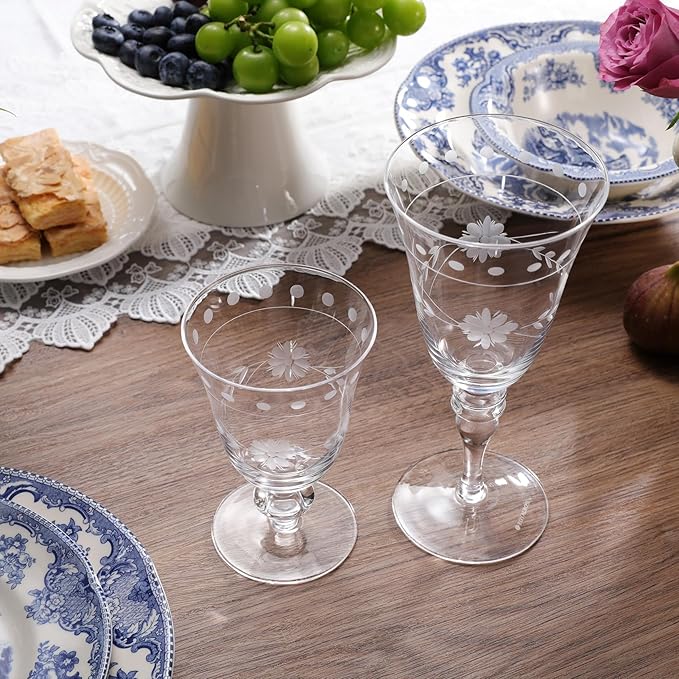 Royalrose Premium Delight Vintage Wine Glasses Set of 4, 10 oz – Hand-Blown with Etched Stem, Classic Glassware for Weddings, Dinners, and Holiday Gifting (Vintage Goblets)