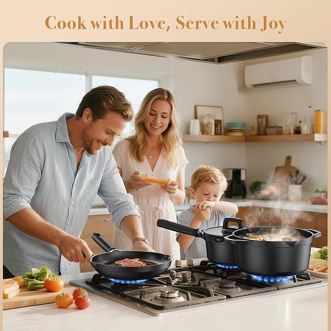 PekGema Nonstick Pots and Pans Set, Non Stick Cookware Set 14 Pcs, Induction Cooking Set with Pour Spouts and Oven Safe for Casserole, PFOA FREE, Classic Black