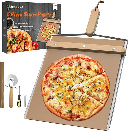 Sliding Pizza Peel, large Pizza Peel Metal Sliding Tray 16” X 13” Making 10-14 Inch, 304 Stainless Steel Metal Premium Pizza Board with Solid Wood Handle, and Pizza Cutter Wheel