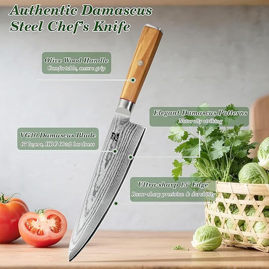 Damascus Chef Knife, 8 Inch Damascus Japanese Chef's Knife with VG10 High Carbon Steel, Professional Kitchen Knife with Olive Wood Handle & Gift Box, Sharp Cooking Knives for Home Kitchen Gift Idea