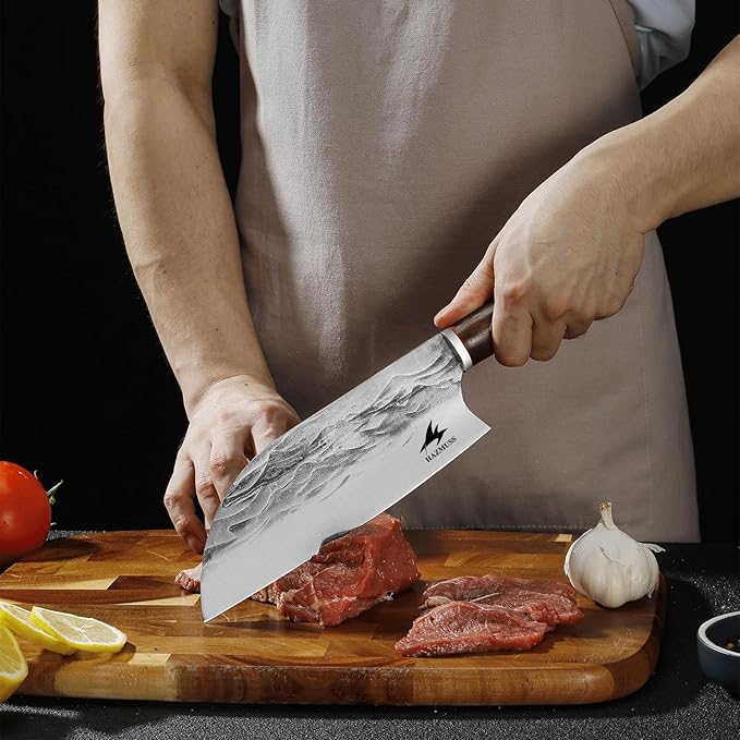 Hand Forged Chef Knife, 7.6-inch High Carbon Stainless Steel Blade for Slicing, Ash Wood Handle, with Leather Sheath, Suitable for Kitchen, Outdoor Cooking, BBQ