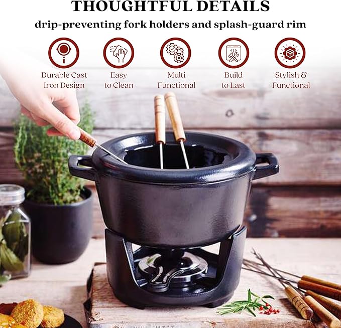 Alva Nori 2 Qt Cast Iron Fondue Set – Enameled, PFAS-Free Pot with Adjustable Burner & 8 Forks – For Cheese, Chocolate, Broth & Meat – Non-Toxic, Scratch-Resistant & Elegant Black Finish