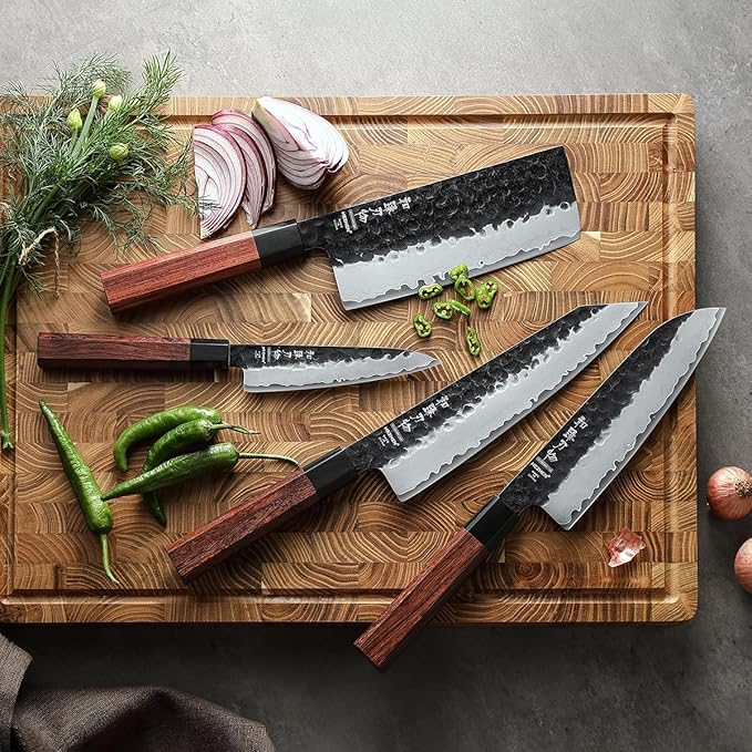 HEZHEN Kitchen Knife Set 4PCS, Clad Steel Chef Knife Nakiri Forged Steel Santoku, Wooden Octagonal Handle