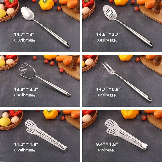 18/10 Stainless Steel Kitchen Utensils Set - 12 PCS All Metal Cooking Tools & 15″ Serving Utensils - Potato Masher, Meat Fork, Tongs, Turner, Pasta, Serving Spoon, Skimmer, Ladle, Spatula Spoon Set