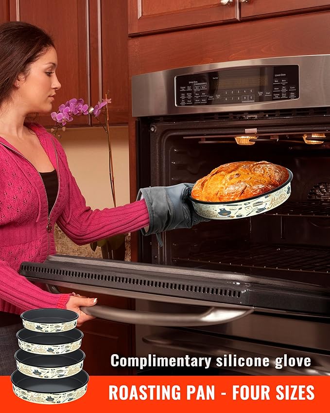 Enamel Round Baking Pans Set Roasting Dish 4-Pack 9/10/12/14 Inch Non Stick Large Cookware for Cake Bread Pie Pizza Turkey Steak, Non-Toxic Carbon Steel Oven Dishwasher Safe Thanksgiving Bakeware