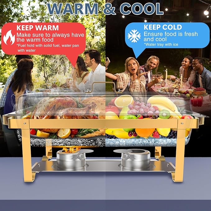 SIOTMERA 9QT Chafing Dishes for Buffet 4 Pack, Multiple Food Pans Thickened Stable Stainless Steel Chafing Dish Buffet Set, Rolled Edge Design Food Warmers for Party Catering Weddings, Gold and Silver
