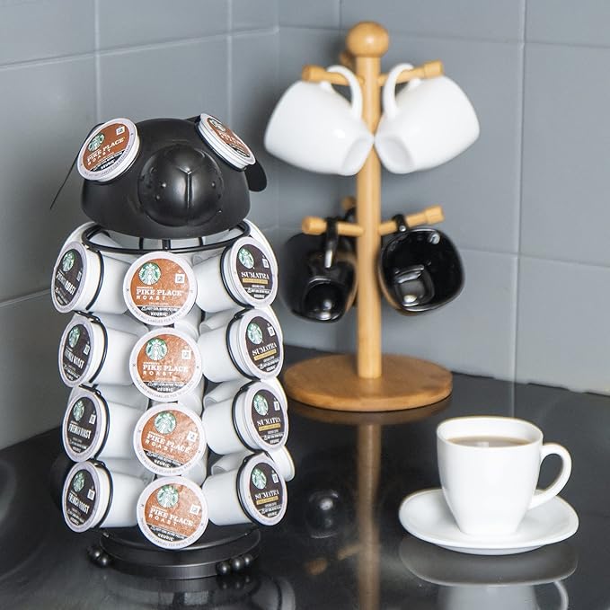 Made Easy Kit Carousel Coffee Pod Holder, Compatible with Keurig K-Pods K-Cups, Countertop Rack Storage Organizer, Metal Home and Kitchen Decor, Capsule Café Station Bar (Small, Black Dog)
