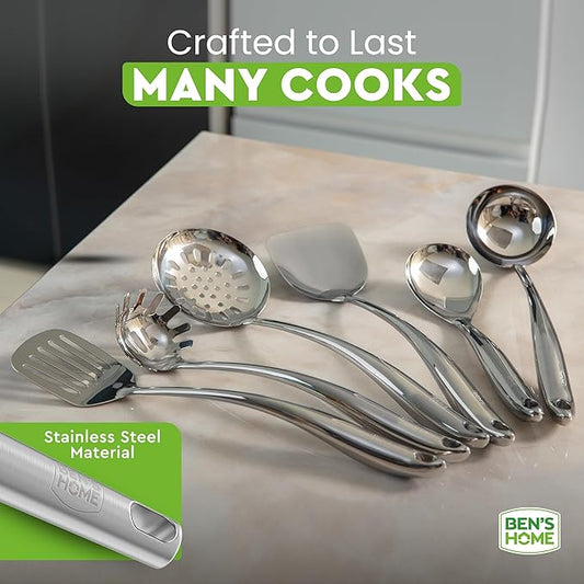BEN'SHOME® Stainless Steel Utensil Tools Set with Holder Stand - Spatula, Spaghetti Server, Draining spoon, Serving spoon, Ladle, and Skimmer Spoon | Dishwasher Safe, Brushed Finish