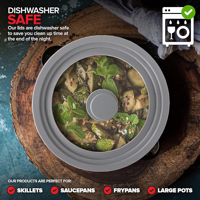 Modern Innovations Universal Lids (Set of 2) Fits 7 to 12-Inch Cookware, Silicone Replacement Pan Lid, Glass Top Covers for Skillets, Pots, Frying Pans, Cast Iron - Grey