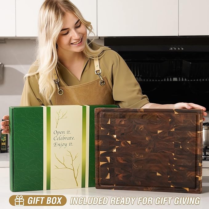AZRHOM Large Thick End Grain Acacia Wood Butcher Block 17x13x1.5 in Wood Cutting Board for Kitchen with Non-slip Mats Juice Groove & Handles (Gift Box)