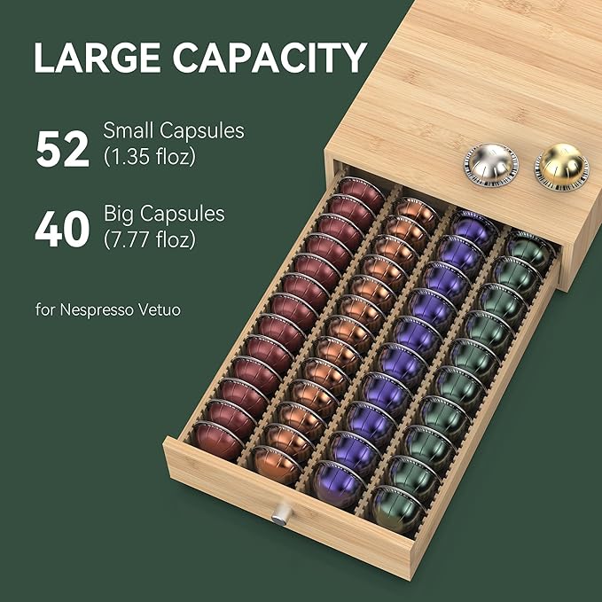 for Nespresso Vertuo Capsules (NV140) - Premium Bamboo Coffee Pod Drawer, 40 Big or 52 Small Vertuoline Pods Organizer Holder - 10.8"Wx15.6"Dx3.9"H (Natural)
