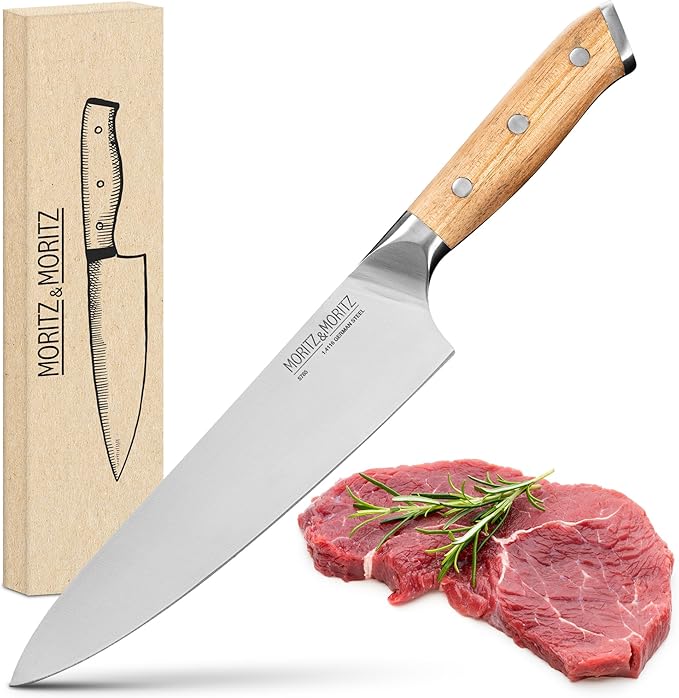 Moritz & Moritz 8-Inch Chefβs Knife, German Stainless Steel Kitchen Knife with Acacia Wood Handle, Professional All-Purpose knives for Slicing, Chopping & Dicing, Razor Sharp & Ergonomic