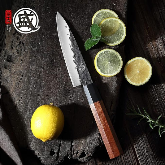 MITSUMOTO SAKARI Paring Chef Knife 5.5 inch - Hand Forged Japanese Fruit and Vegetable Knives, 3-Layer 9CR18MOV High Carbon Steel, Rosewood Handle & Sandalwood Box