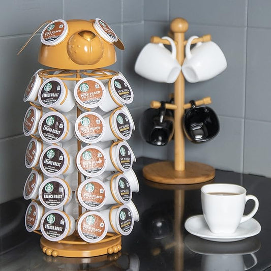 Made Easy Kit Carousel Coffee Pod Holder, Compatible with Keurig K-Pods K-Cups, Countertop Rack Storage Organizer, Metal Home and Kitchen Decor, Capsule Café Station Bar (Small, Brown Dog)