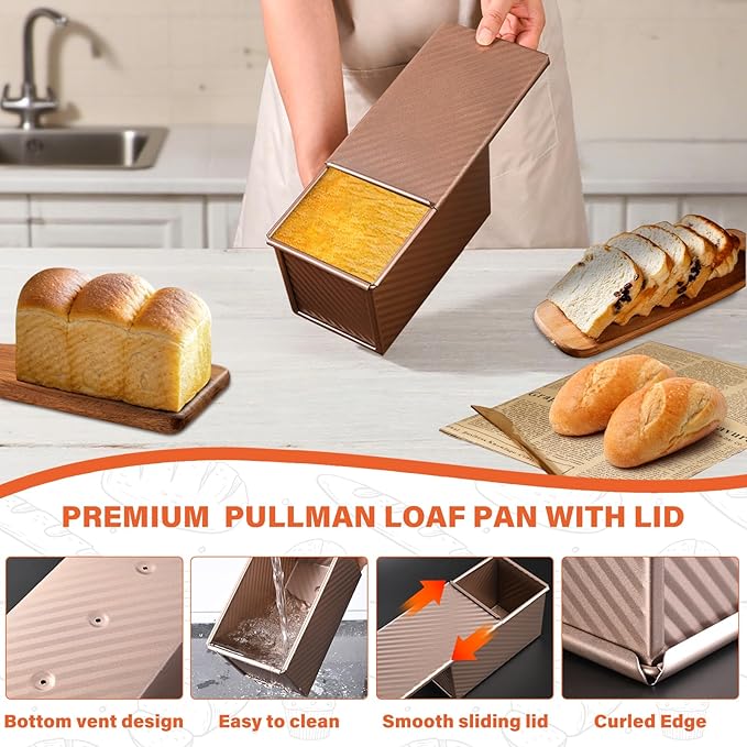 Pullman Loaf Pan with Lid, 2 Pack 1 lb Dough Capacity for Homemade Bread, Non-stick Corrugated Carbon Steel Bread Toast Box with Cover for Bakeware, Sandwich & Toast Oven Baking, Gold