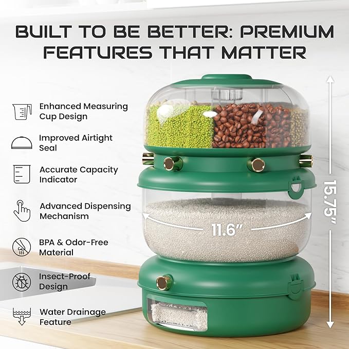 Rice & Multi-Grain Dispenser – Airtight 3-in-1 Rotating Food Storage with Strainer, Holds Up to 22 lbs (12 lb Bulk + 6 Compartments)