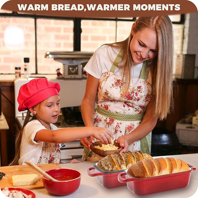Cast Iron Bread Loaf Pan with Lid, 2 In 1 Loaf Pans for Baking Bread 9x5, Enameled Bread Pans for Homemade Bread, Sourdough, Even Heating Bread DutchOven, Red