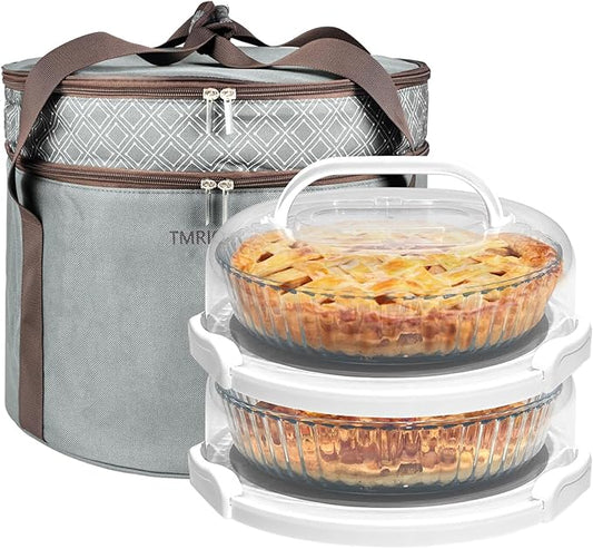 2 Pack Pie Carrier with Lids and Handles, Loadable Cupcake or Pizza Storage Containers, Includes Insulated Bags and Insulated Non-Slip Pads, Perfect for Transportation (Grey)
