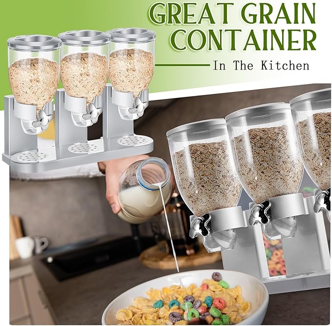 Umigy 1 Pack Triple Indispensable Dry Food Dispenser 67oz Each Capacity Cereal Container for Storage Preserving Dispensing Kitchen Rice Candy Nuts Dog Food Granola Snack Gumball Countertop (Silver)