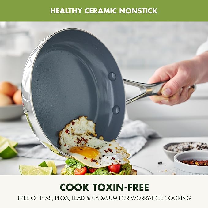 GreenPan Valencia Tri-Ply Stainless Steel 10 Piece Cookware Set, Induction Ready Pots & Pans, Mirror Finish, Dishwasher Safe & Oven/Broiler Safe to 600F, Compatible with All Cooktops, Silver