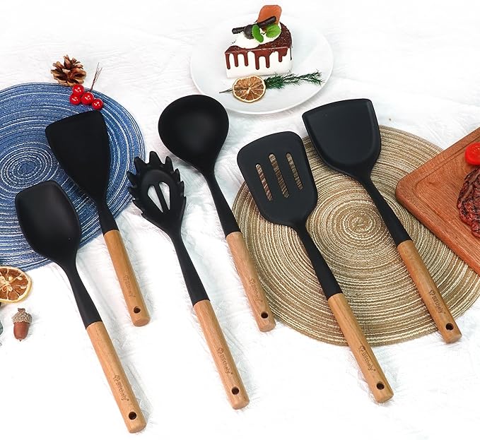 Large Silicone Cooking Utensils Set, 10Pcs Nonstick Kitchen Utensil Set with Wooden Handle, Heat Resistant Silicone Utensils for Cooking, BPA Free Spatula Set with Turners Spoon Ladle Skimmer(Black)