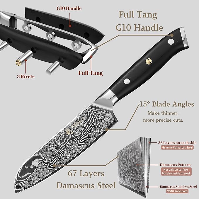 Wakoli NIT 2-Piece Kitchen Knife Set – Professional Damascus Chef Knives | 67-Layer VG10 Core Steel | Ergonomic G10 Handle | Santoku Knife & Small Santoku in Wooden Gift Box