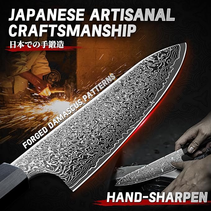 TIVOLI Damascus Chef Knife 8 inch,Japanese Hand Forged High Carbon Kitchen Knife With Octagonal Handle,Ultra Sharp Professional Cooking Knife With Premium Gift Box for Slicing, Dicing,Chopping