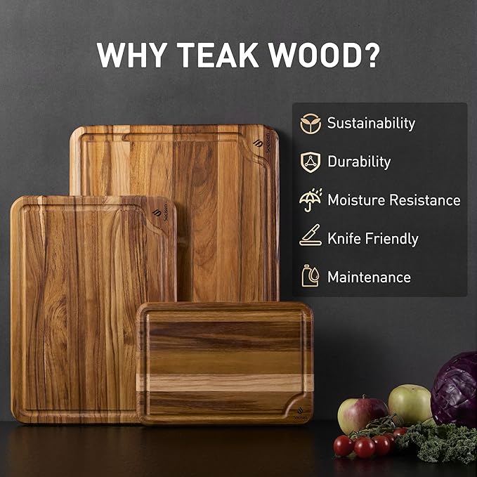Teak Wood Cutting Board Set for Kitchen High-End Non Toxic Non Slip Over Sink Solid Thick Wood Haus Chopping Board Extra Large Big Small Best Kitchen Essential House Warming Hostess Host Gift