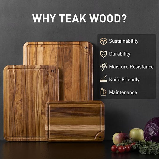 Teak Wood Cutting Board Set for Kitchen High-End Non Toxic Non Slip Over Sink Solid Thick Wood Haus Chopping Board Extra Large Big Small Best Kitchen Essential House Warming Hostess Host Gift