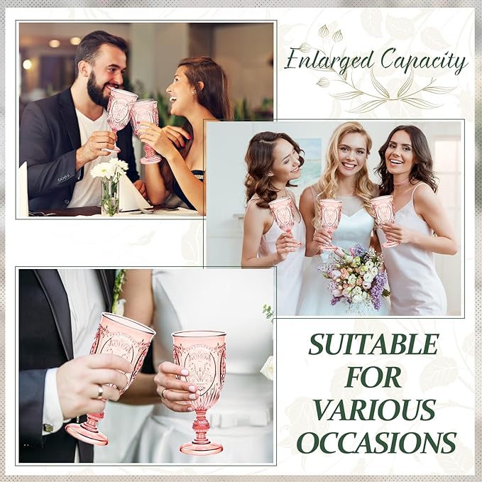 18 Pack Plastic Goblets 10oz Upgrade Vintage Water Goblet Plastic Wine Glasses Colored Retro Embossed Glassware for Party Wine Bar Juice Baby Shower Wedding Reception Grand (Pink)