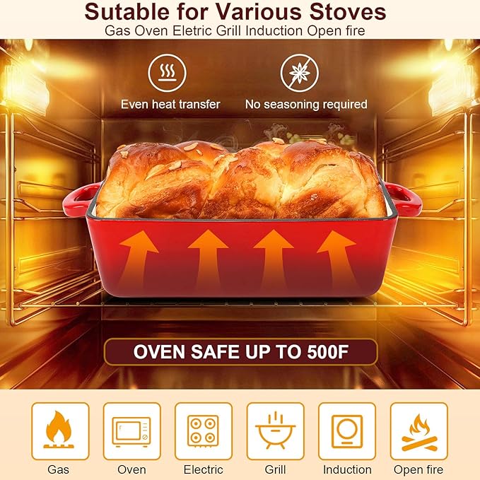9x5 Inch Enameled Cast Iron Loaf Pan with Lid | 2 in 1 Homemade Sourdough Bread Baking Pan for Homemade Bread, Cake, Meatloaf | Durable 2 Piece Set, Red color