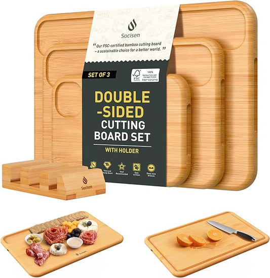 3 Packs Bamboo Cutting Board Set with Holder Wood Cutting Boards for Kitchen with Juice Grooves Built-in Handles, Ideal Charcuterie & Chopping for Meat Vegetables Fruits Kitchen Gift for Home Cooks