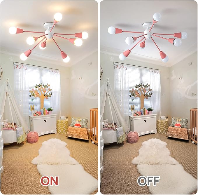 Pink Sputnik Chandelier Ceiling Light Fixture, 8-Lights Modern Sputnik Lights Fixture with E26 Base, Semi Flush Mount Ceiling Light for Bedroom Kitchen Dining Room Entryway