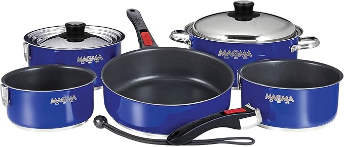 Magma 10 Piece Gourmet Nesting Stainless Steel Cookware Set with Ceramica Non-Stick, Induction Compatible, Oven Safe to 500°F - Suitable for All Stovetops, Removable Handles, Cobalt Blue