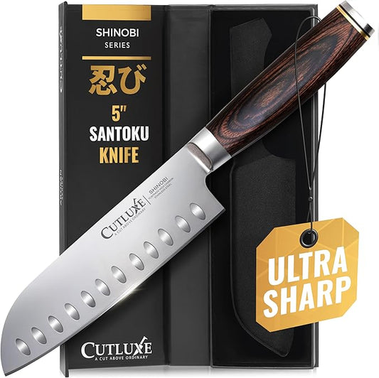 Cutluxe Santoku Knife – Ultra Sharp 5 Inch Vegetable Japanese Knife for Chopping, High Carbon Stainless Steel Blade, Full Tang Pakkawood Handle – Shinobi Series
