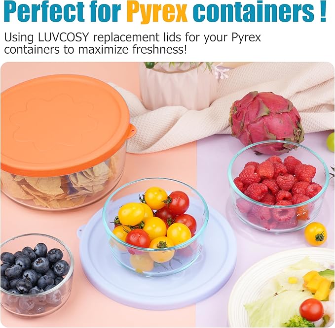 1 Cup 2 Cup 4 Cup 7 Cup Round Silicone Replacement Lids for Pyrex 7202-PC, 7200-PC, 7201-PC, 7402-PC Glass Bowls, 8 Pack Storage Cover, Microwave & Dishwasher & Freezer Safe