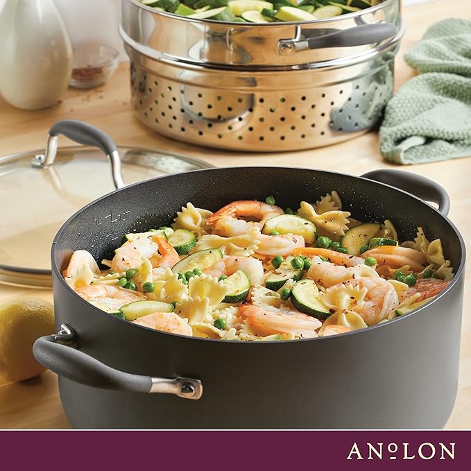 Anolon Advanced Home Hard Anodized Nonstick Wide Stockpot with Stainless Steel Steamer Insert and Glass Lid, 3 Piece Cookware Steamer Set, Moonstone