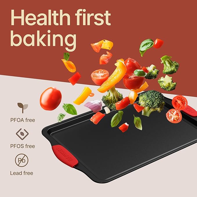 Baking Set – 6 Piece Kitchen Oven Bakeware Set – Deluxe Non-Stick Black Coating Inside and Outside – Carbon Steel – Red Silicone Handles – PFOA PFOS and PTFE Free by Bakken